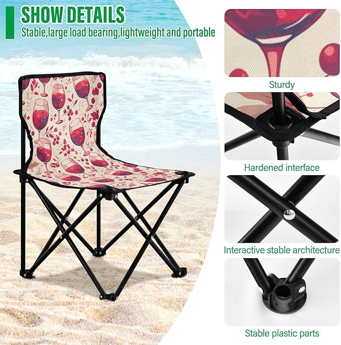KLL Flat Wine Red Pattern Folding Keyword Ultra Lightweight Camping Chair Includes Carry Bag Outdoor Chairs for Outside Outside