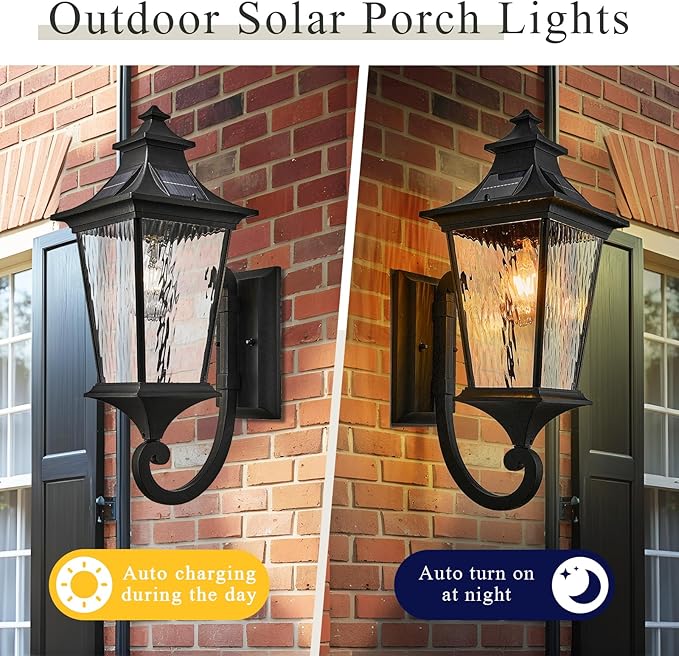 Waterproof Solar Sconces Lights Outdoor with Remote Control 20.9 Inch Height Large Size Solar Wall Lights with Water Ripple Glass Dusk to Dawn Outdoor Lighting Include LED Bulb