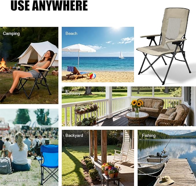 Oversized Hard Armrest Reclining High Back Camping Chair with Adjustable Backrest for Camping Sports Event Backyard Fishing Beach Tailgating