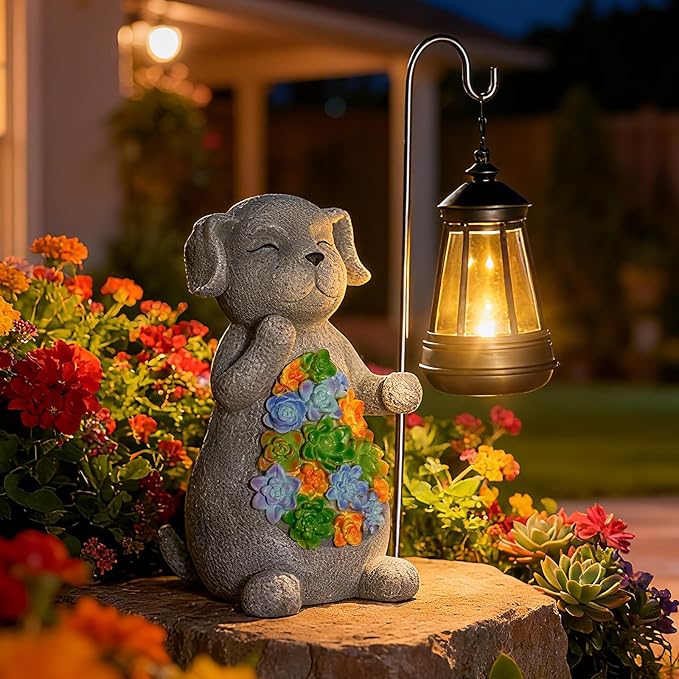 Solar Dog Garden Statue with Lantern – Waterproof Resin Outdoor Decor for Yard Lawn Flower Bed Backyard Front Yard Patio Balcony – Gift for Dog Lovers