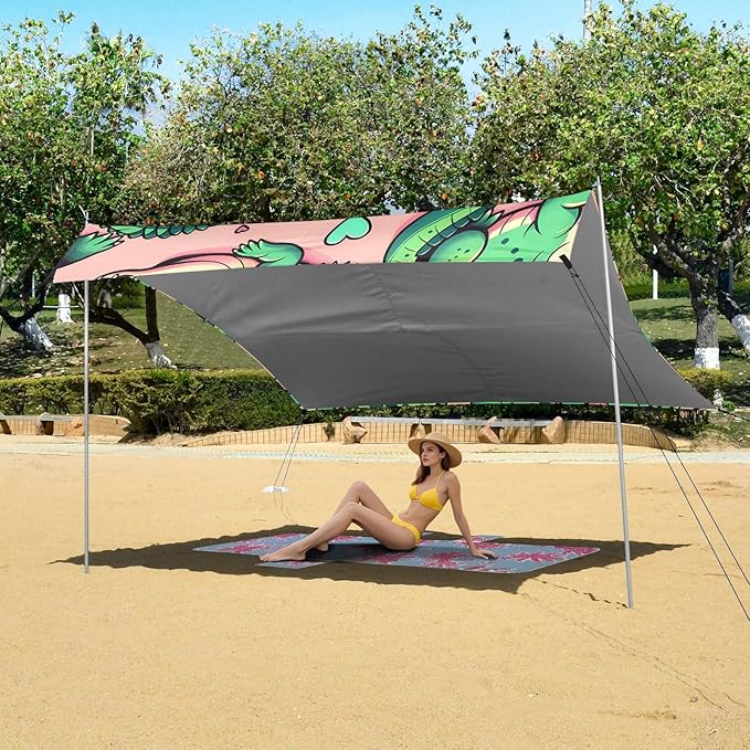 Cartoon Alligator Crocodiles Sunbathing Heart Glasses Pink Camping Sun Shelter Beach Tent Portable Beach Sun Shade Outdoor Canopy for Camping Trips Fishing Picnic