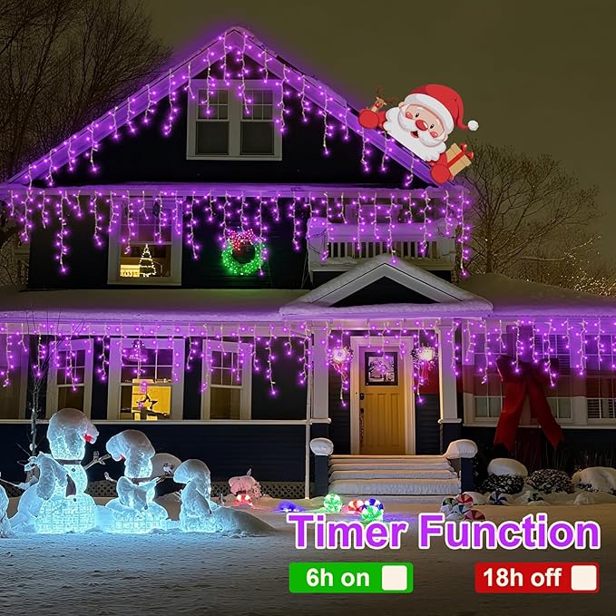 QITONG Purple Icicle Lights for Outside 33ft 400 LED String Light Indoor Plug in Clear Wire Connectable Icicle Christmas Lights with 8 Modes