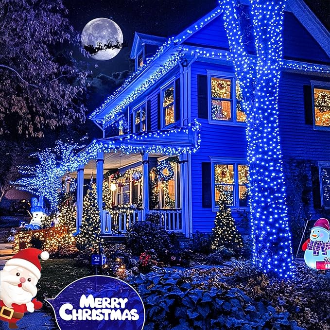 JMEXSUSS 600 LED Blue Solar Christmas Lights 206.7ft Blue Christmas Lights Outdoor Waterproof 8 Modes Solar Light Outdoor for Yard Patio Tree Garden Party Bushes Xams Decorations
