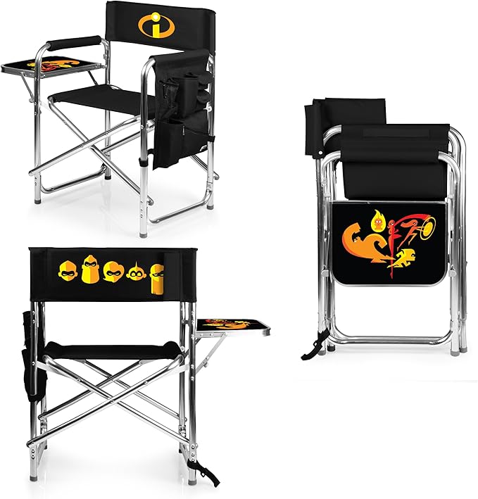 Picnic TIME Disney The Incredibles Sports Chair with Side Table Folding Beach and Camp Chair Portable Outdoor Chair with Carry Strap and Storage Pockets (Black)