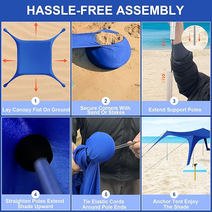 Beach Tent Sun Shelter UPF50+ with Sandbags Sand Shovel &amp Windproof Poles - Portable Pop Up Canopy for Beach Camping Picnics Backyard &amp Fishing (Royal Blue10x10FT)