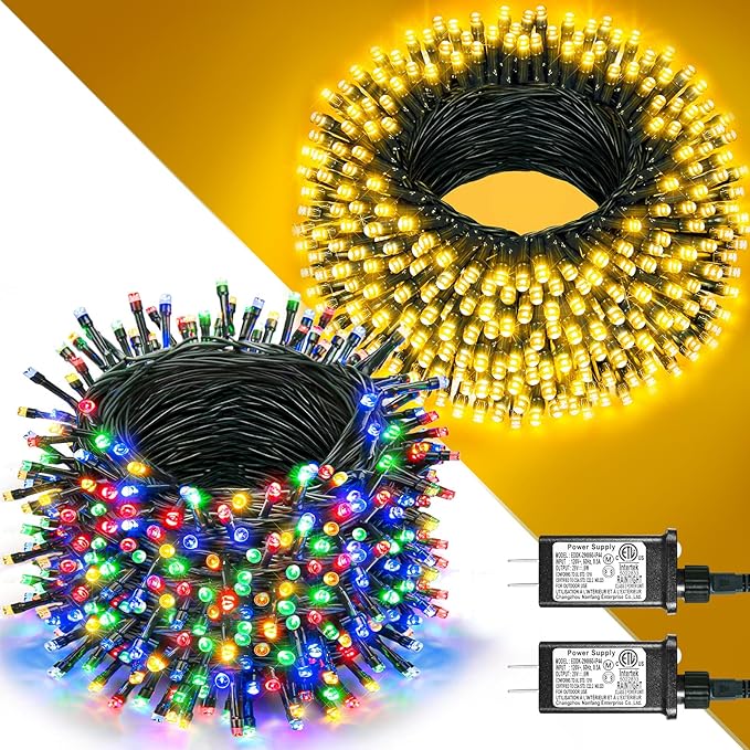 2 Pack Christmas Lights Outdoor Total 200FT 600LED Christmas String Lights Waterproof Green Wire Twinkle Tree Lights for Indoor Patio Party Decorations 1 Pack Warm White &amp 1 Pack Multicolor