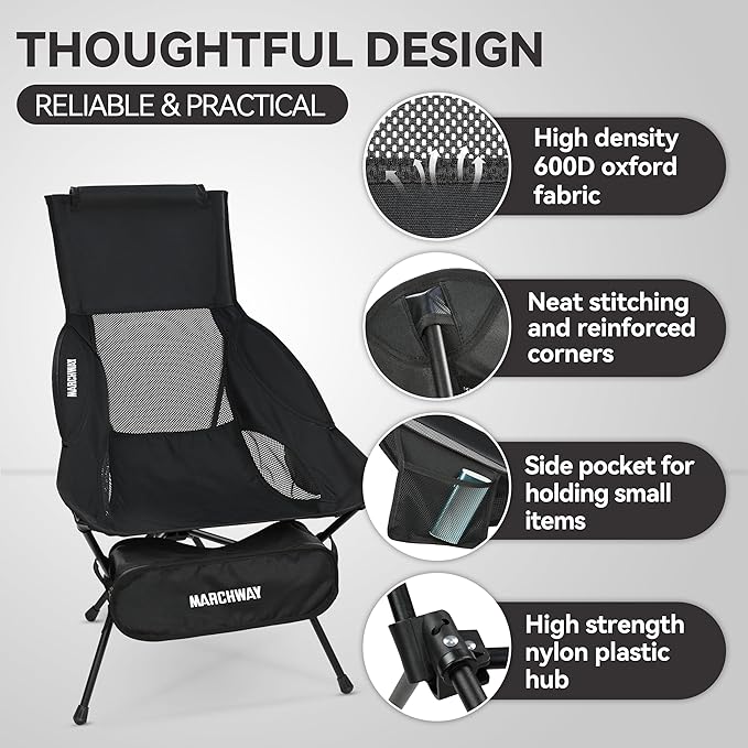 MARCHWAY Lightweight Folding High Back Camping Chair with Head Support Stable Portable Compact for Outdoor Camp Travel Beach Picnic Festival Hiking Backpacking (Highback Black)