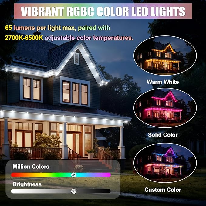 Permanent Outdoor Lights ASTRAEA 100ft RGBW Smart Eaves Lights with APP &amp Remote Control IP67 Waterproof LED Roof Lighting DIY Scenes Modes for House Roof Decor Christmas Party Holiday and D