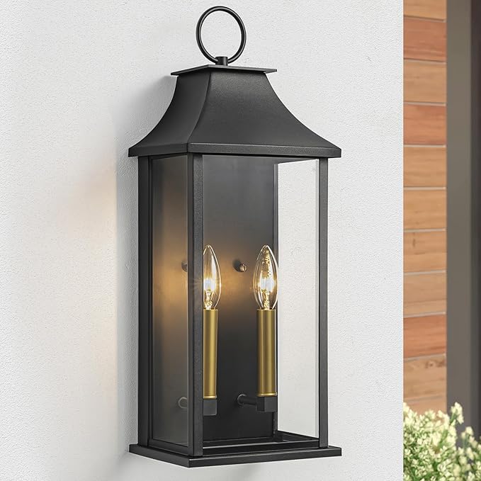 Dusk to Dawn Outdoor Wall Lantern 2-Light 20.6 Large Outside Wall Sconce Modern Black Wall Light Fixture with Glass Waterproof Exterior Lamp for House Porch Garage