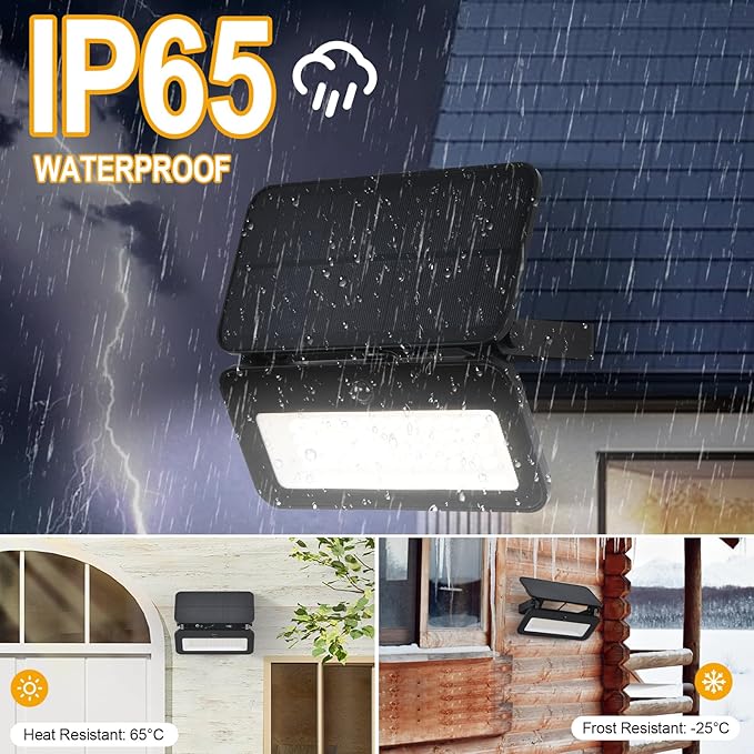Solar Lights Outdoor Waterproof with Motion Sensor Foldable LED Wall Spotlight Touch Control Adjustable Color Temperature Brightness 1200LM 8W Dusk to Dawn Floodlights for Garage Fence