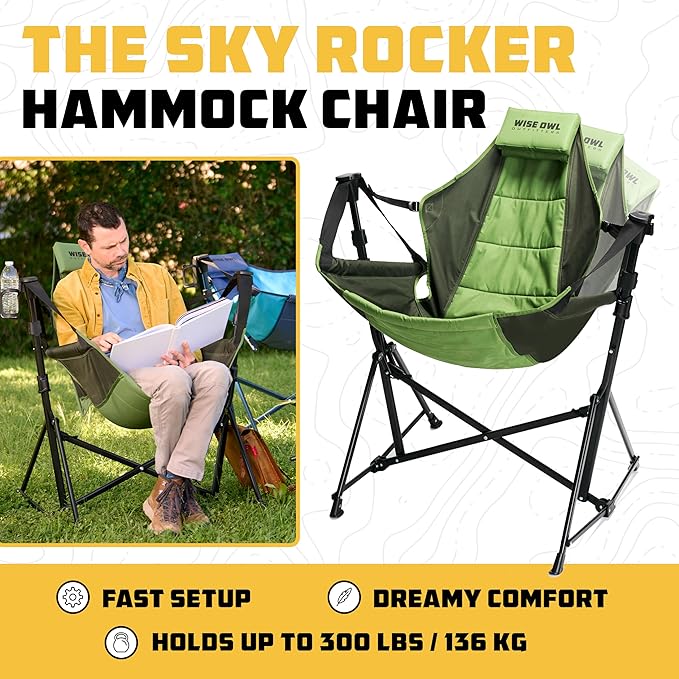 Wise Owl Outfitters Hammock Chair for Adults – Comfortable Portable Folding Rocking Camping Chair with Carry Bag – Great for Lawn Campsite &amp Outdoors