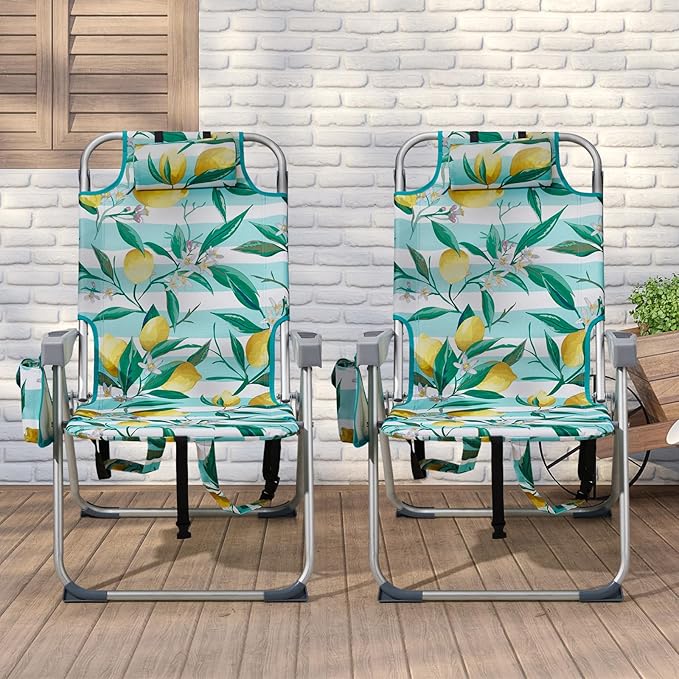 Backpack Beach Chairs Low 5 Position Beach Chair with Pouch Straps Folding Lightweight Reclining Aluminum Lay Flat Single (Lemon High)