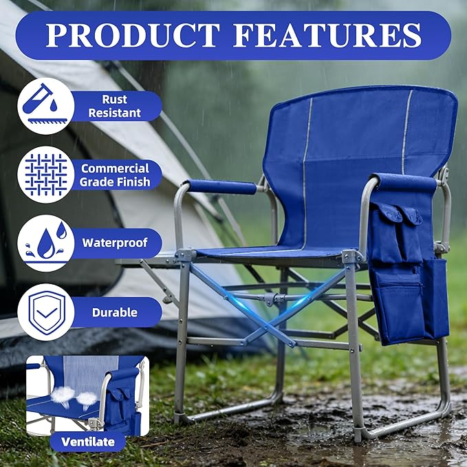 Camping Directors Chair Portable Folding Chair with Side Table and Pocket for Beach Camping Lawn &amp Fishing Navy