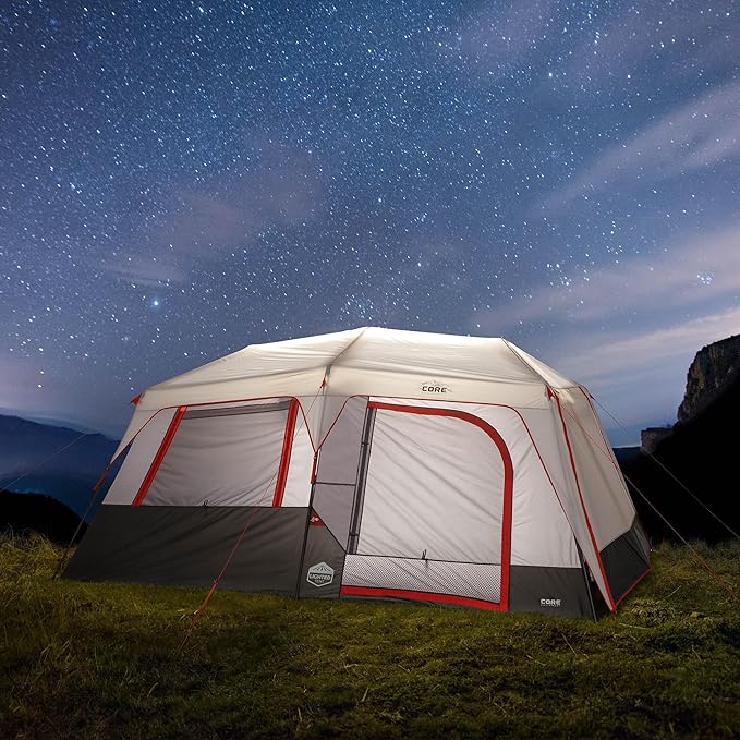 CORE 10 Person Instant Cabin Tent with LED Lights | Lighted Pop Up Camping Tent with Easy 2 Minute Camp Setup | Portable Large Family Cabin Multi Room Tents for Camping