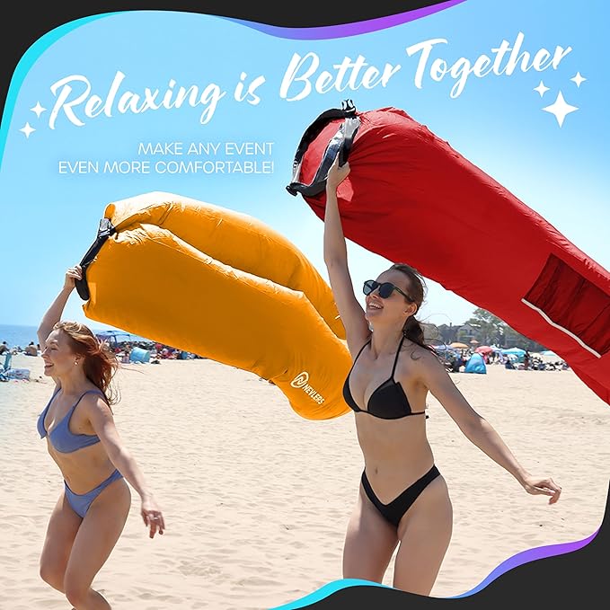 Nevlers Red &amp Saffron Inflatable Lounger 2 Pack | 210T Polyester Blow Up Chair | No-Pump Inflatable Couch Set | Air Couch w/ 450 lbs. Capacity Pockets &amp Carry Bags for Use as Portable Beach C