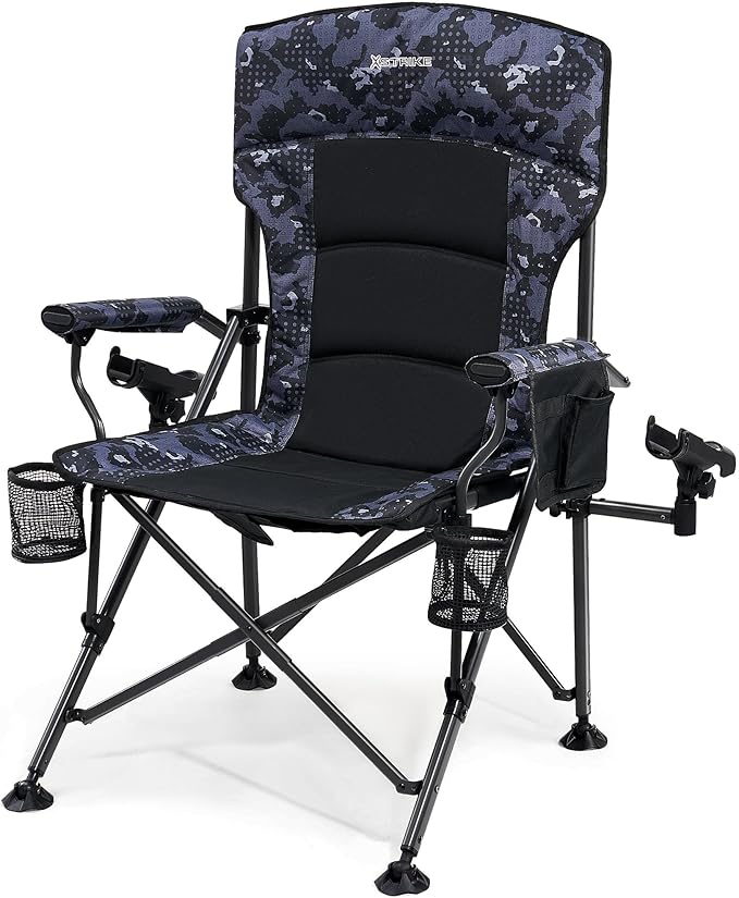 X Strike Oversized Folding Fishing Chair with Rod Holder Heavy Duty 350LBS Feet Adjustable Padded Camping Chair with Cup Holder Side Pocket Hard Armrest