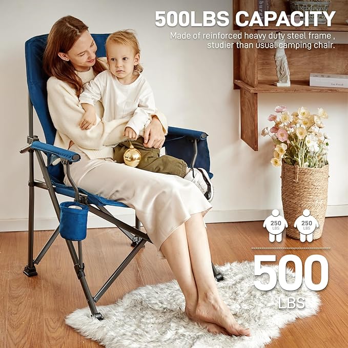 EVER ADVANCED Oversized Folding Camping Chair for Adults with Adjustable Lumbar Support Heavy Duty Chair with Side Pockets Portable Collapsible Quad Chair for Outside