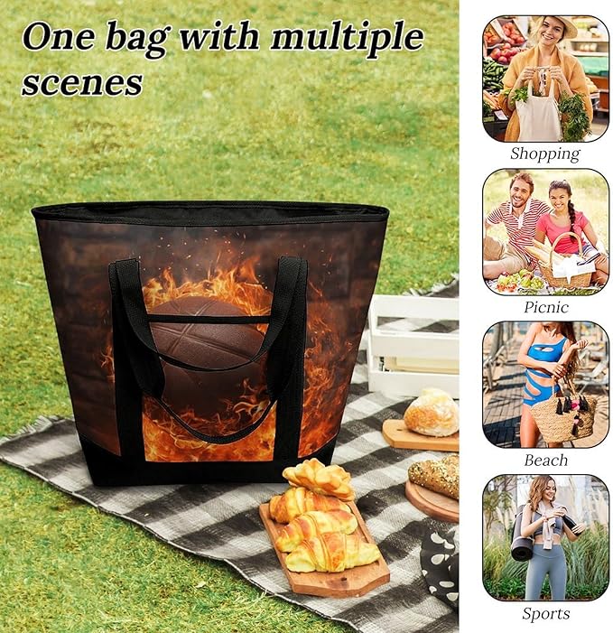 Insulated Shopping BagLarge Reusable Cooler Bags Brick Wall And Burning Basketball Printed Foldable Shopping BagTravel Waterproof Shoulder Bag