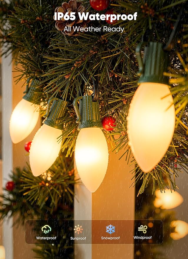 Minetom Vintage C9 LED Christmas Lights Outdoor 25 Feet C9 String Lights with 25 Shatterproof Matte Bulbs Connectable Waterproof Lights for Holiday Party Roofline Backyard Garden Patio Warm White