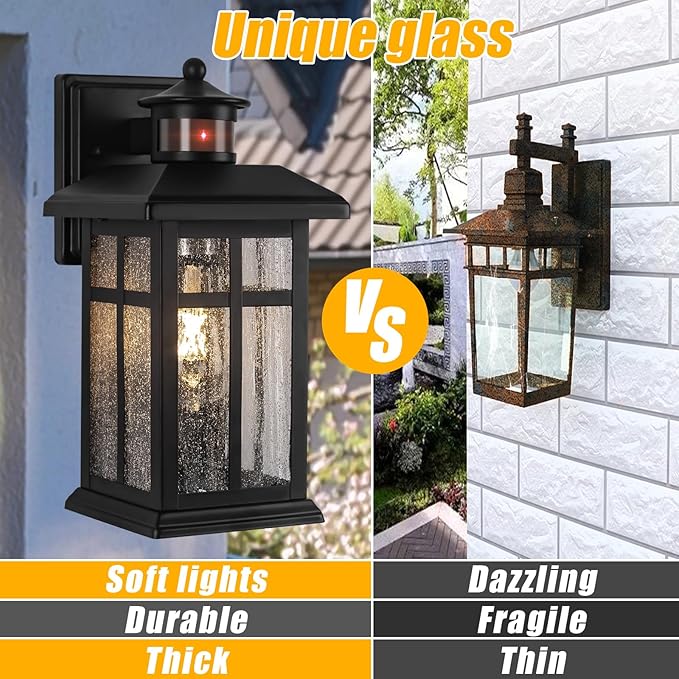 Motion Sensor Outdoor Wall Lights 2 Packs- Updated Dusk to Dawn Outdoor Lighting Exterior Light Fixtures with E26 Sockets &amp Tempered Glass Wall Mounted Black Waterproof Outdoor Lights for House