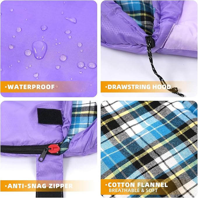 Cotton Flannel Lined Sleeping Bag for Adults Teens Kids Cold Weather &amp Warm 3 Seasons Lightweight Compact Camping Essentials Equipment Hiking Outdoor Travel