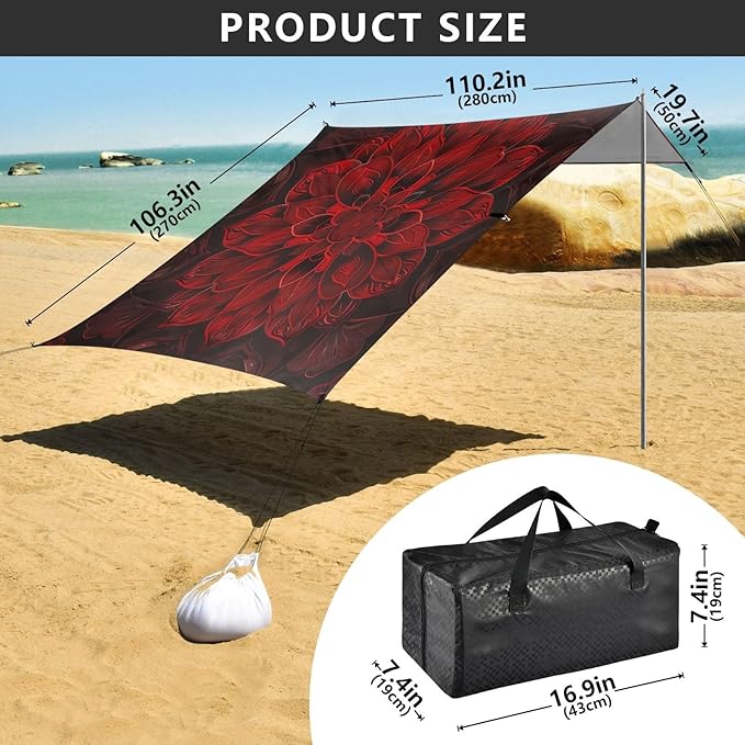 Dark Red Mandala Beach Tent Sun Shelter 9.2' x 10.5' Beach Canopy with 4 Sandbags 4 Stability Poles Sand Shovels - Tent Canopy for Beach Camping Fishing Picnics