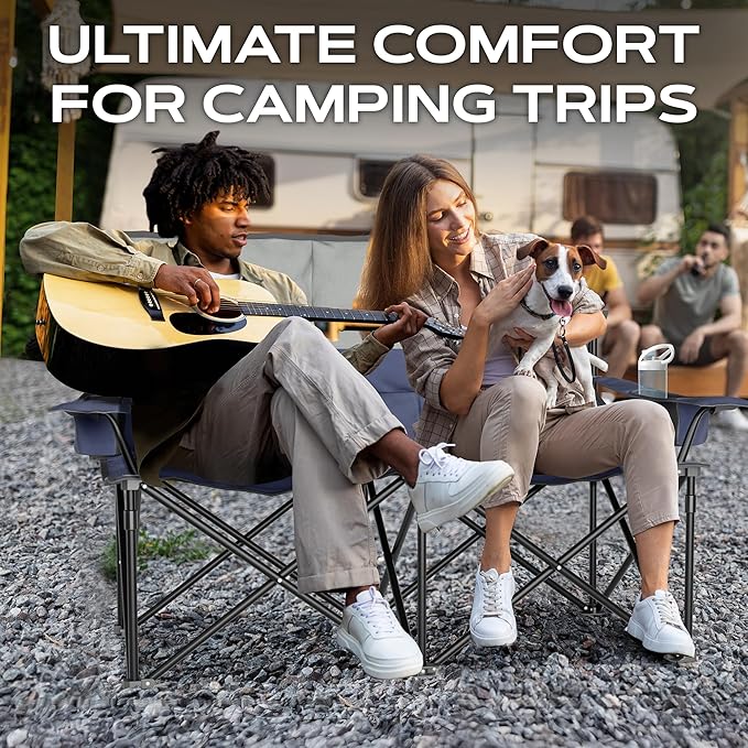 Oversized Fully Padded Double Camping Chair Portable Folding Loveseat w/Side &amp Back Pockets Adjustable Armrests Double-Sized Cup Holders for Outdoor Indoor Supports 530LBS (Dark Navy)