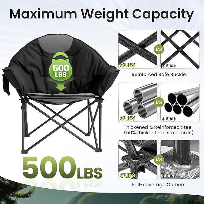 Oversized Camping Chair with Cup Holder &amp Carry Bag 500lbs Heavy Duty Moon Saucer Folding Chair for Outdoor Lawn Sports Patio Black
