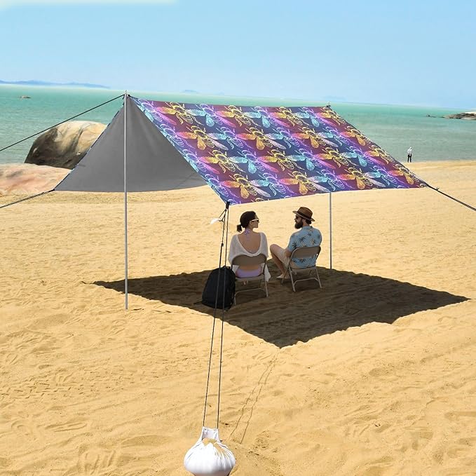 ALAZA Bee Rainbow Color Beach Tent Sun Shelter UPF50+ Protection Beach Shade Canopy w/ 4 Sandbags for Outdoor Camping Fishing Backyard Fun Picnic 10x9 ft