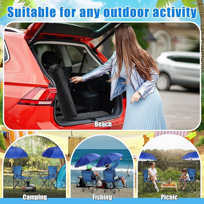 Karenhi 2 Set Beach Camping Chair with Umbrella for Adult Folding Reclining Camping Chair with Foot Rest Adjustable Clamp Canopy Shade for Outdoor Patio Travel Beach(Blue)