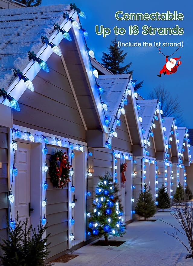 C9 LED Christmas Lights Outdoor 99 Feet 150 LED String With 150 Spring Clips Waterproof Connectable Christmas Tree Lights for Outside Roofline Patio Home Xmas Decor Blue &amp Pure White