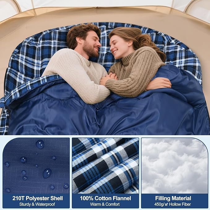 0 Degree Flannel Double Sleeping Bag for Adults Couples or Family - Winter Queen Size Waterproof &amp Warm 2-Person Sleeping Bag for Cold Weather Camping RV Travel