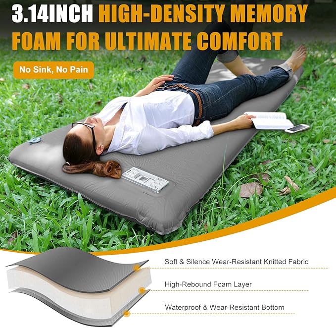 Self Inflating Sleeping Pad with Electric Pump 3.14 Ultra-Thick Memory Foam Camping Mattress Pad with Pillow Fast Inflating in 30s9.5 R-Value Insulated Camping Pad for Camping Car Travel LightGrey