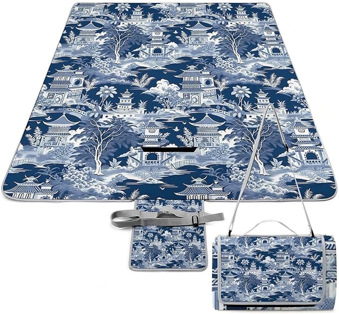 Blue and White Chinese Style Chinoiserie Folk Waterproof Outdoor Picnic Blanket Sandproof Beach Mat for Camping Hiking Grass Travelling
