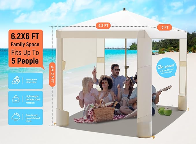 Beach Cabana 6.2'x6' Canopy Fast Set up and Take Down UPF 50+ UV Protection Rainproof Beach Umbrella Shelter with Half Side Wall for Outdoor Patio Backyards Alfresco Eateries Pools Cafes Picnic