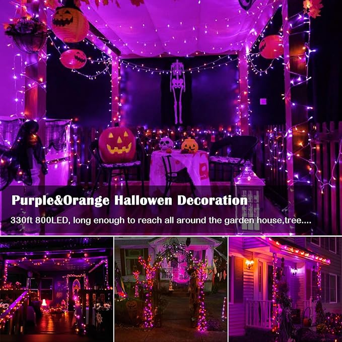 Purple and Orange Halloween Lights 800LED 330FT String Lights 8 Modes Timer Plug in Waterproof Indoor Outdoor Christmas for Garden Party Decoration JT-EL/FC300V0200
