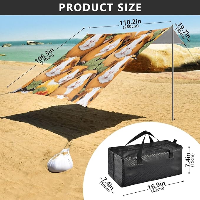 Cute Guinea Pig Beach Tent Sun Shelter 9.2' x 10.5' Beach Canopy with 4 Sandbags 4 Stability Poles Sand Shovels - Tent Canopy for Beach Camping Fishing Picnics