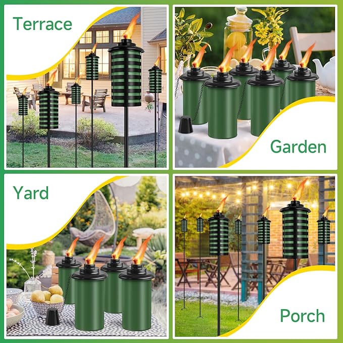 6 Pack Home Garden Torch 16 Oz Outdoor Green Metal Torch Garden Décor59-Inch Upgraded Citronella Torches with 3-Prong Grounded Stake Metal Light Torches for Party Patio Pathway