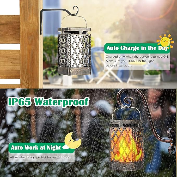 TomCare Solar Lights Outdoor Flickering Flame Solar Lantern Outdoor Hanging Lanterns Decorative Outdoor Lighting Solar Powered Waterproof LED Flame Lights for Patio Garden Deck 2 Pack(Bronze)