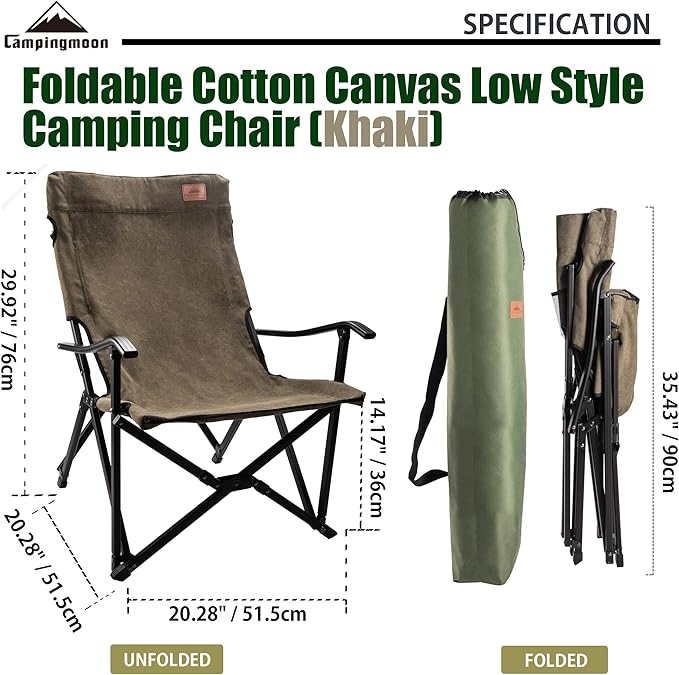 CAMPINGMOON Foldable Cotton Canvas Campfire Bonfire Open Fire Pits Camping Chair Low Style Chair Khaki F-1003C-K