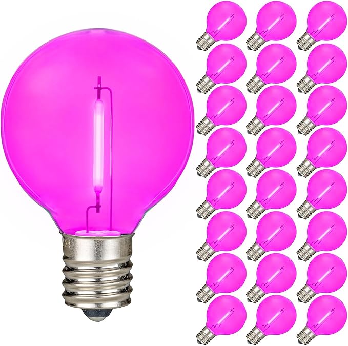 Novelty Lights 25 Pack Pink G40 LED Filament String Light Bulbs E12/C7 Candelabra Base 5 Watt Equivalent Shatterproof Replacement Bulbs for Patios Canopy Lighting