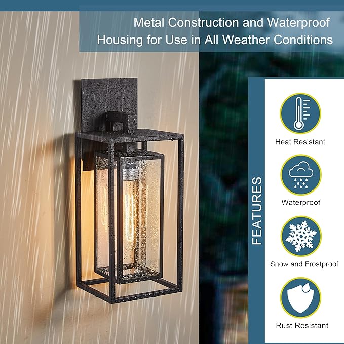 18Ht Modern Industrial Outdoor Wall Light Fixture with Textured Black Anti-Rust Metal and Clear Glass Wet Rated for Exterior House Porch Patio Outside Deck Garage Yard Front Door Garden