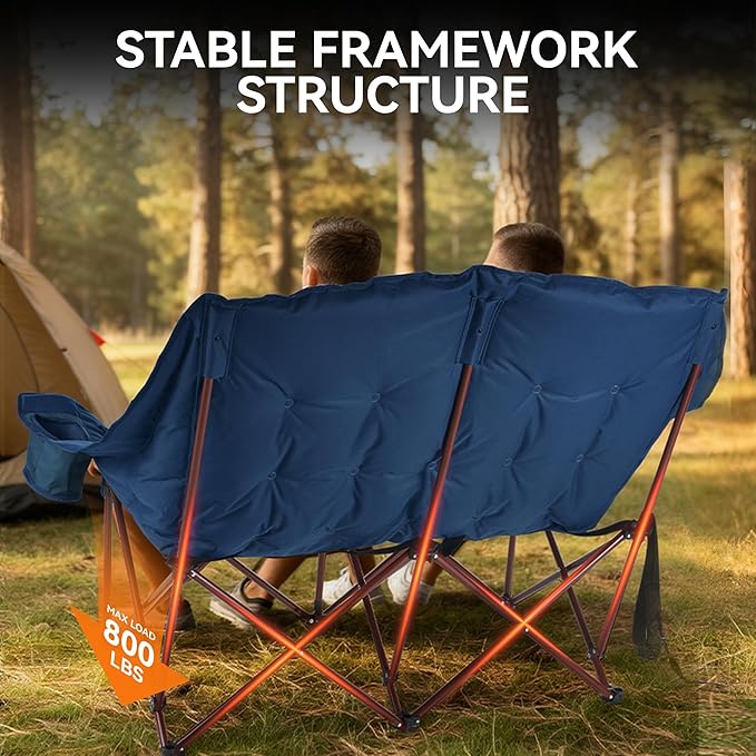 High Back Double Camping Chair 2 Person Camping Chair Low Seat Loveseat Camping Chair Fully Padded Oversized Camping Couch for Adults - Supports 650 LBS with Cup Holders Carry Bag - Blue