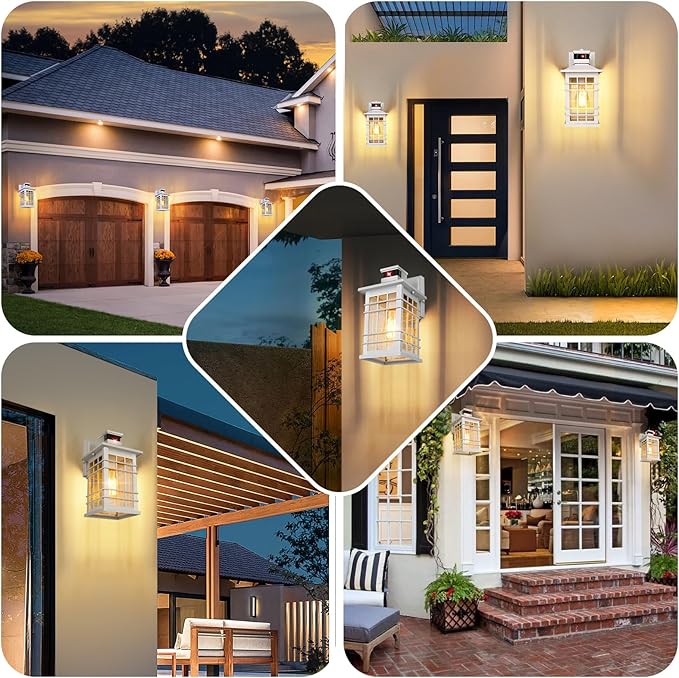 Motion Sensor Outside Wall Lantern Waterproof White Dusk Dawn Outdoor Lighting Wall Mount with Tempered Glass Modern Anti-Rust Motion Porch Light Fixture for Hallway Entryway Doorway