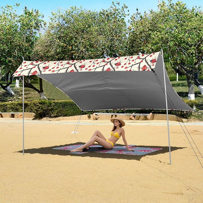 ALAZA Lady Bug Poinsettia Beach Tent Sun Shelter UPF50+ Protection Beach Shade Canopy w/ 4 Sandbags for Outdoor Camping Fishing Backyard Fun Picnic 10x9 ft