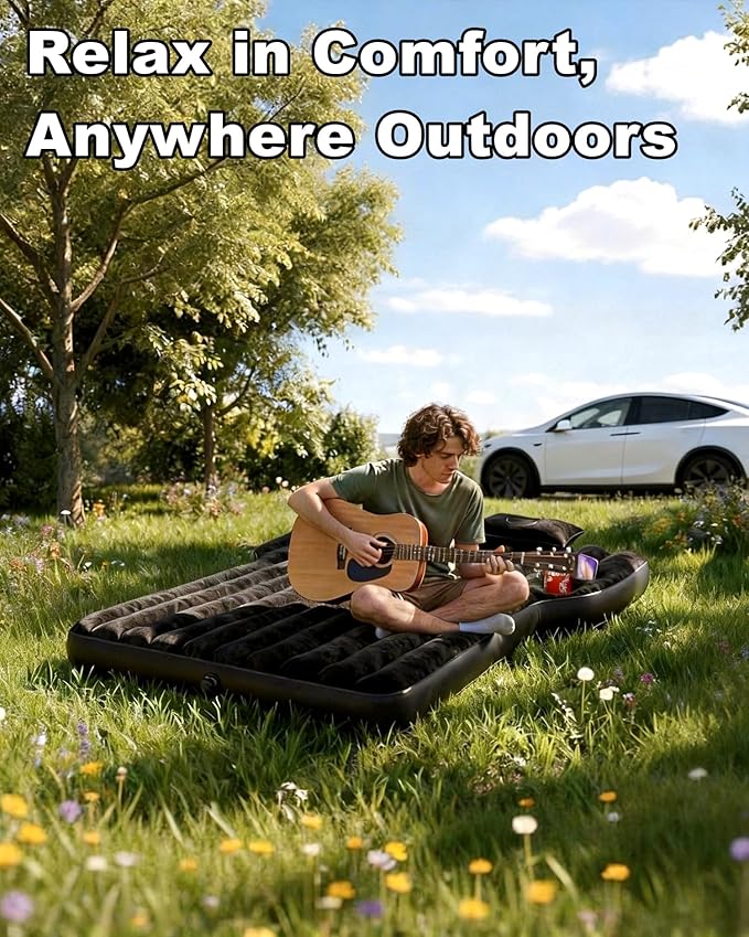 Umbrauto Custom Fit Air Mattress for Tesla Model Y/Juniper 2026 Upgraded Inflatable Camping Bed for Back Trunk Soft Flocking Surface+Reinforced Bottom Sleeping Pad w/Pump for Outdoor Travel