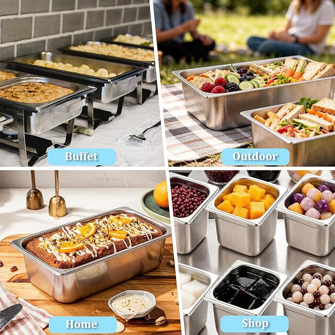 SILUI 6 Pack Food Pan 1/3 Size 4 Inch Deep Stainless Steel Commercial Hotel Pans Cafeteria Trays Supplies Catering Storage Containers