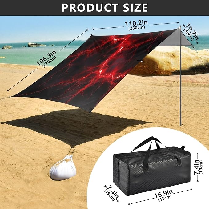 Red Lightning on Black Beach Tent Sun Shelter 9.2' x 10.5' Beach Canopy with 4 Sandbags 4 Stability Poles Sand Shovels - Tent Canopy for Beach Camping Fishing Picnics
