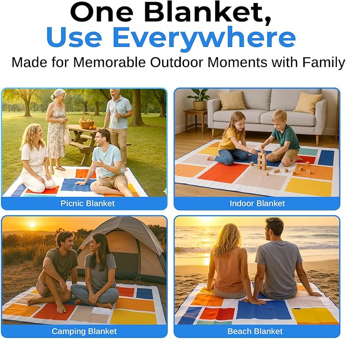 scuddles Extra Large Picnic Blanket – 80 x 80 Waterproof Outdoor Mat with Soft 3-Layer Comfort Foldable Design &amp Carry Strap for Beach Camping Parks Hiking &amp Family Picnics
