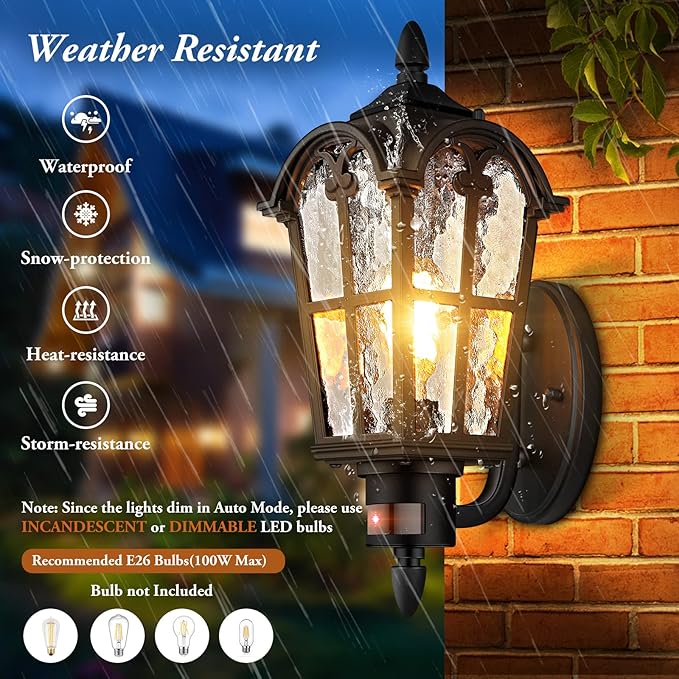 16in 2-Pack Large Motion Sensor Outdoor Wall Lights Dusk to Dawn Porch Lights Wall Mount Vintage Exterior Light Fixtures Sconces Lighting Black Wall Lanterns Outside Lights for House Front Door